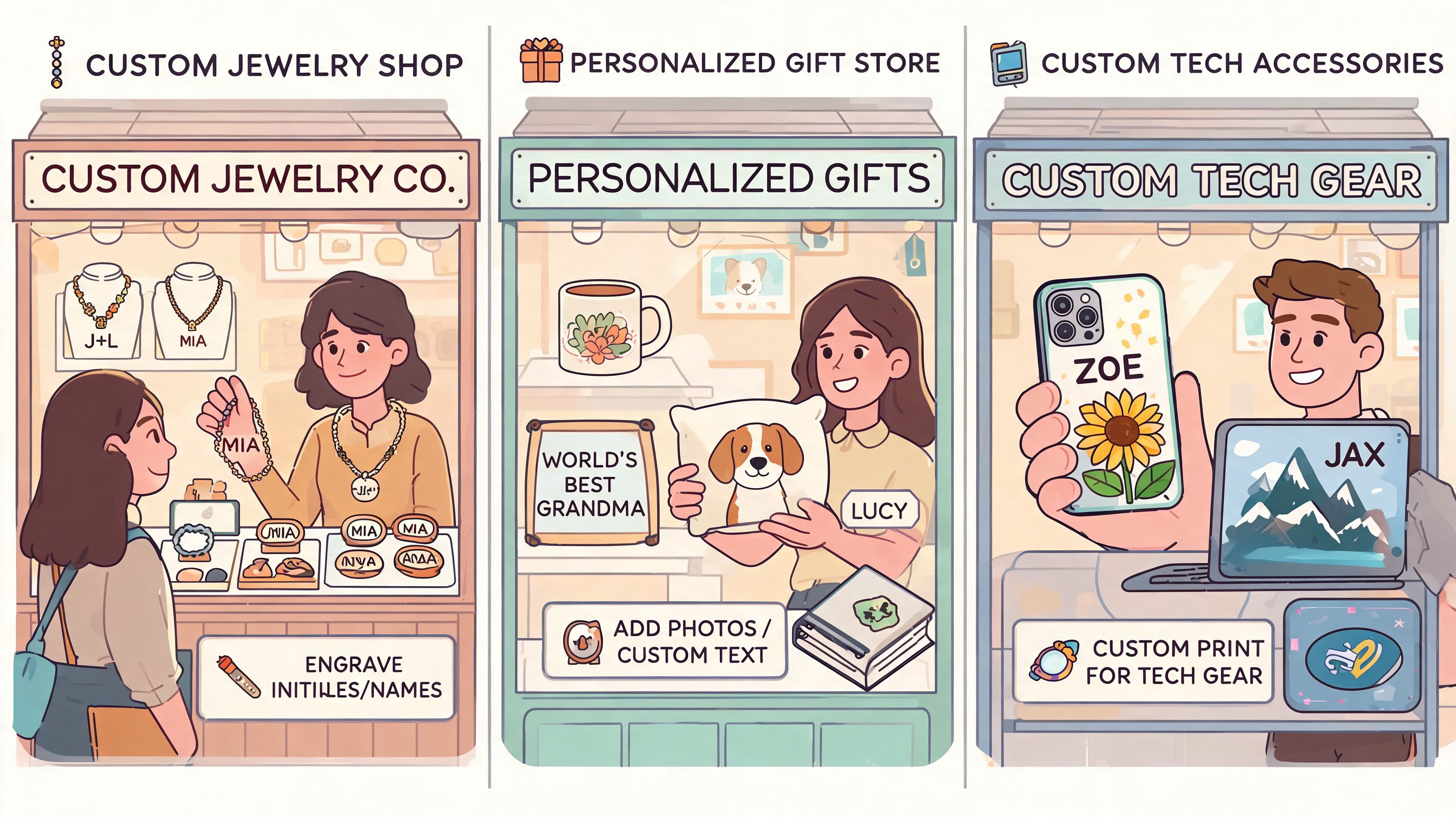 A digital illustration showing three different kiosks for custom jewelry, personalized gifts, and custom tech accessories.
