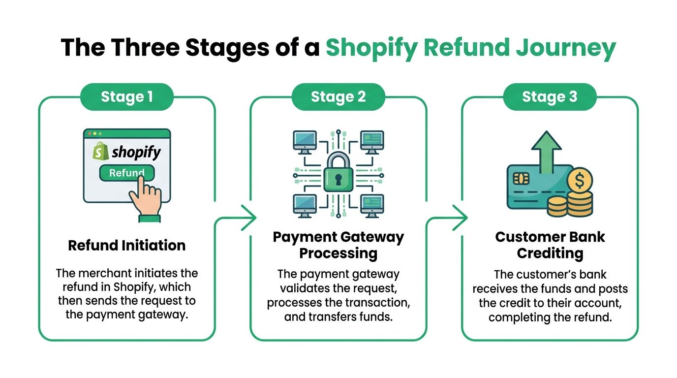 A diagram illustrating the three stages of a Shopify refund process from initiation to customer bank crediting.