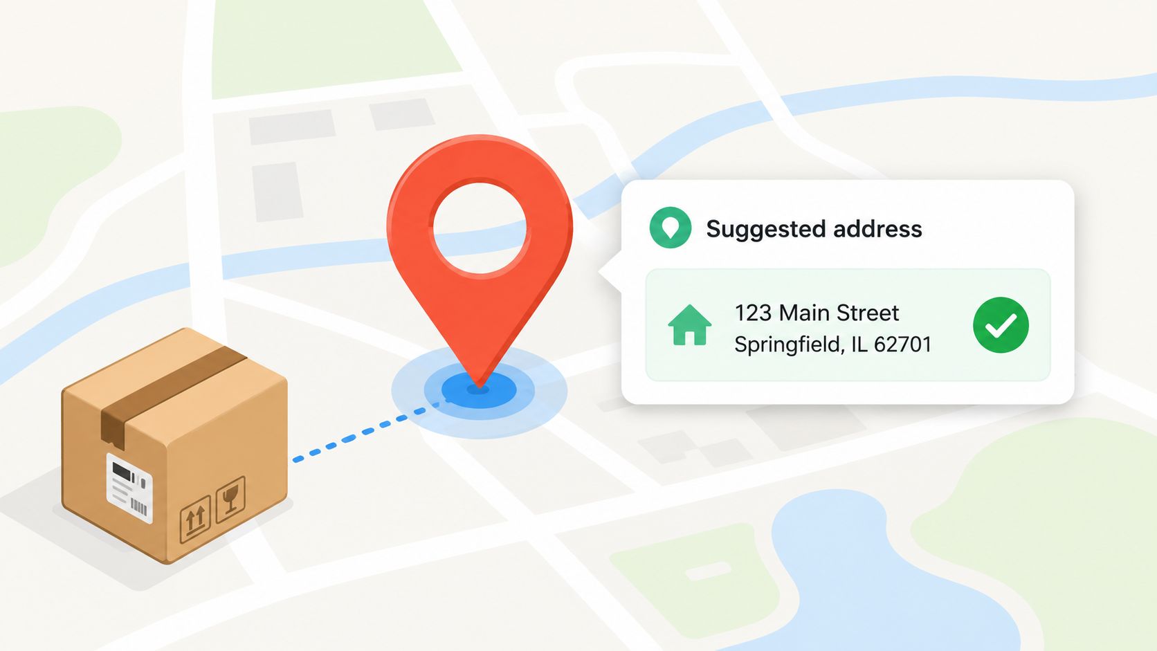A parcel box illustrated on a digital map with a suggested address location pin popup.