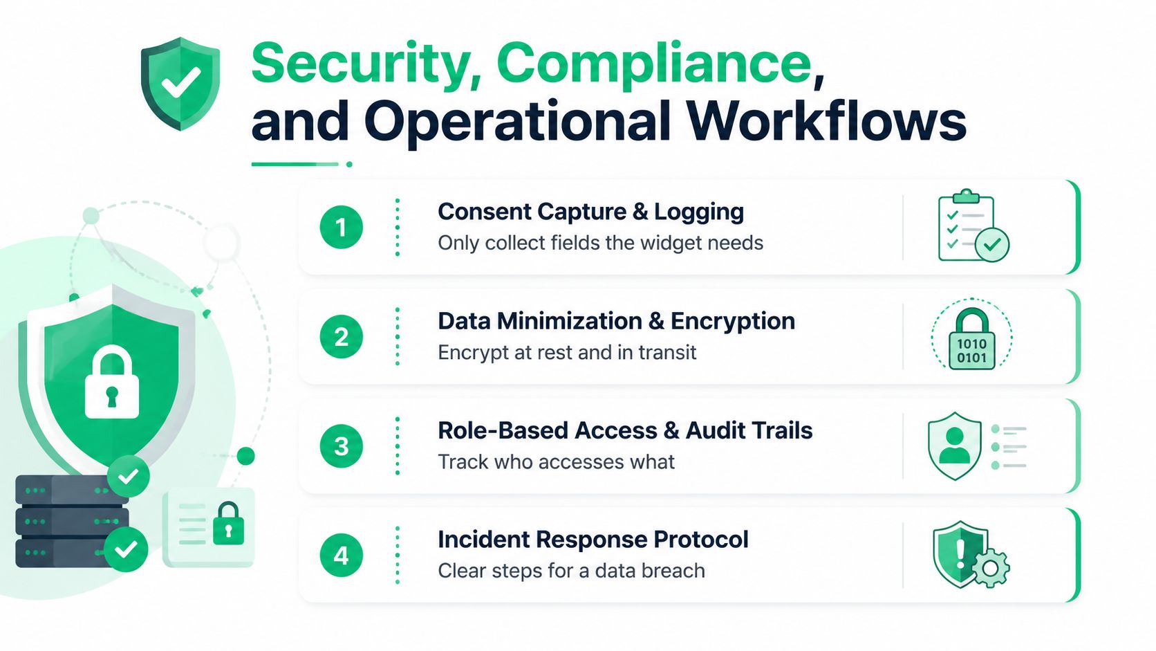 A four-step infographic illustrating essential security, compliance, and operational workflows for managing customer data safely and efficiently.