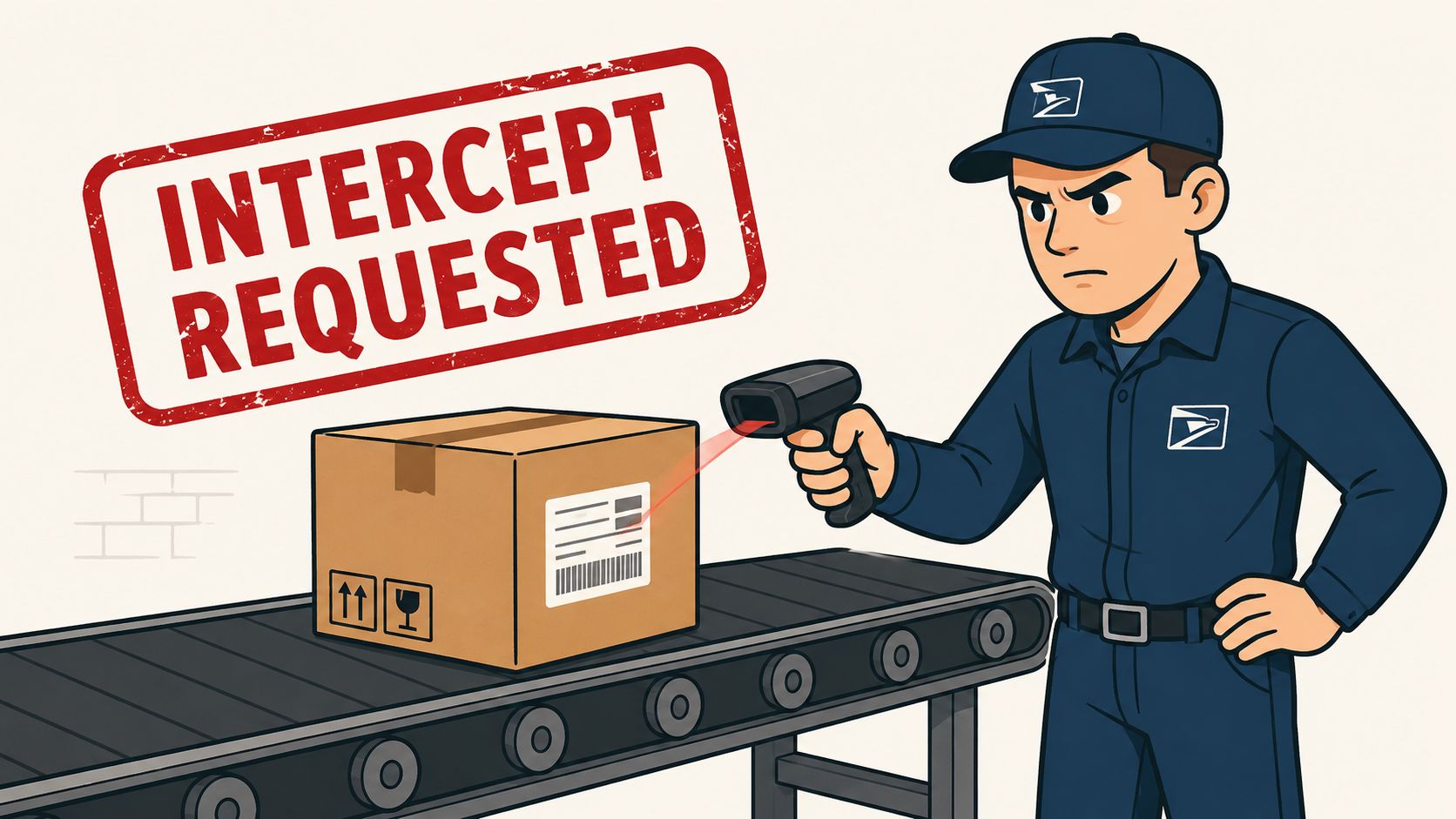 A USPS worker uses a hand scanner to intercept a cardboard box on a conveyor belt.