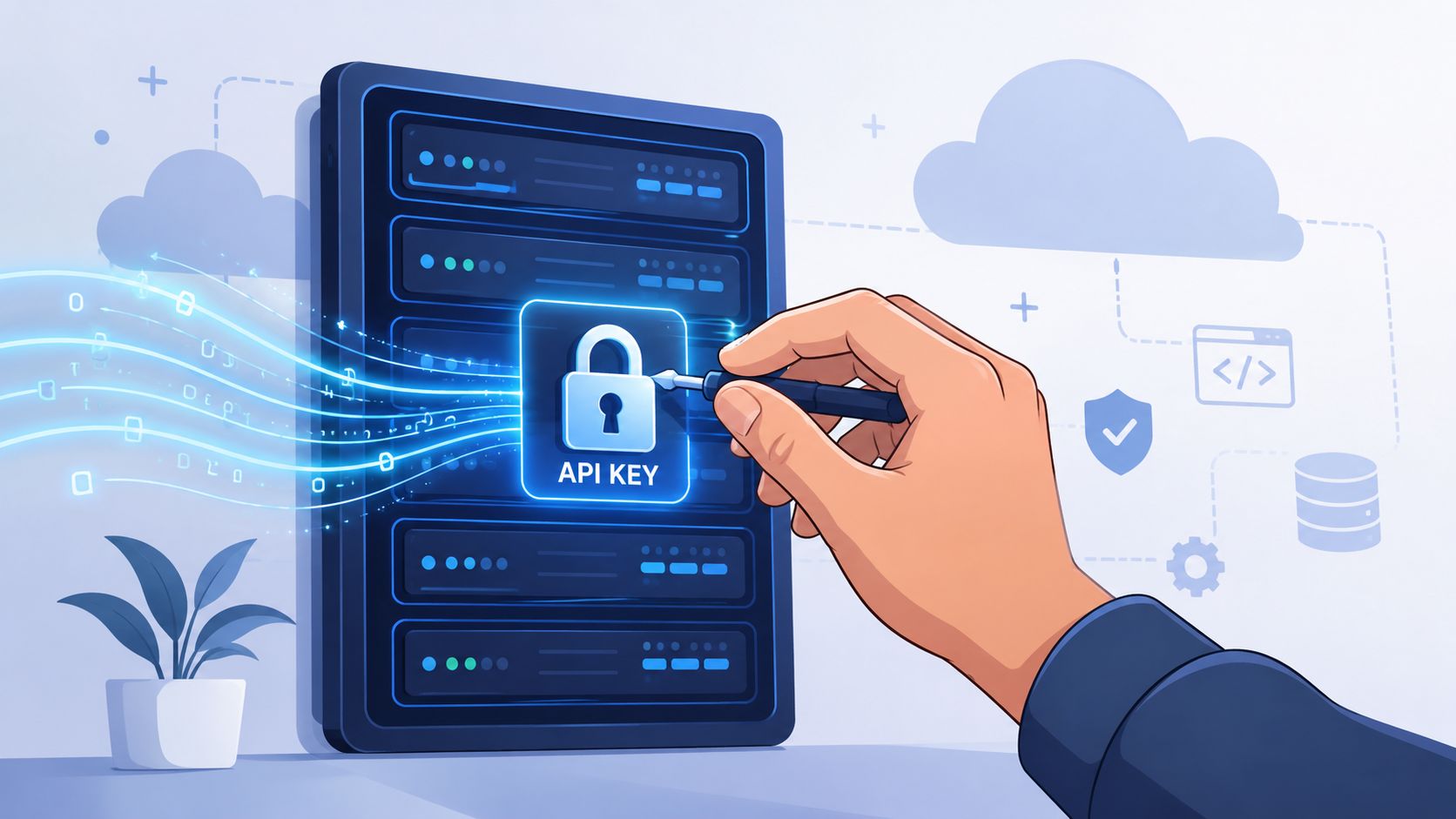 A digital illustration showing a hand touching a secure API key lock icon on a server rack.