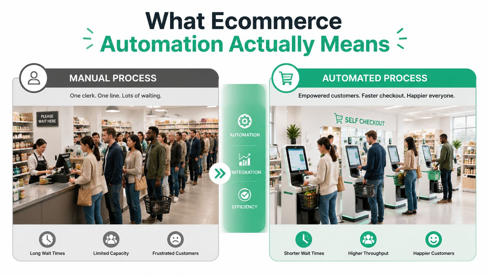 A comparison showing manual checkout with long lines versus an automated self-checkout system with faster service.