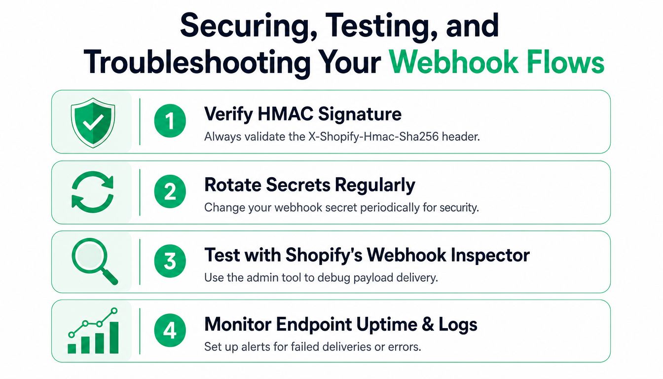 A guide infographic with four essential tips for securing, testing, and troubleshooting your Shopify webhook flows.
