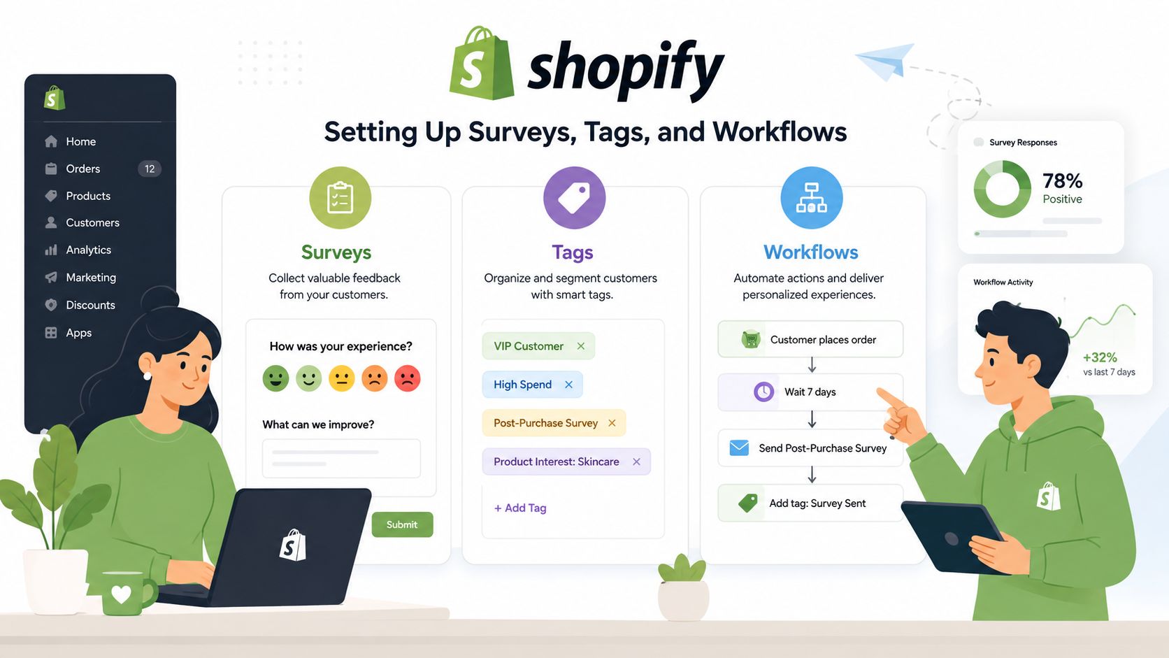 A digital illustration showing two people managing Shopify surveys, customer tags, and automated workflows on their devices.