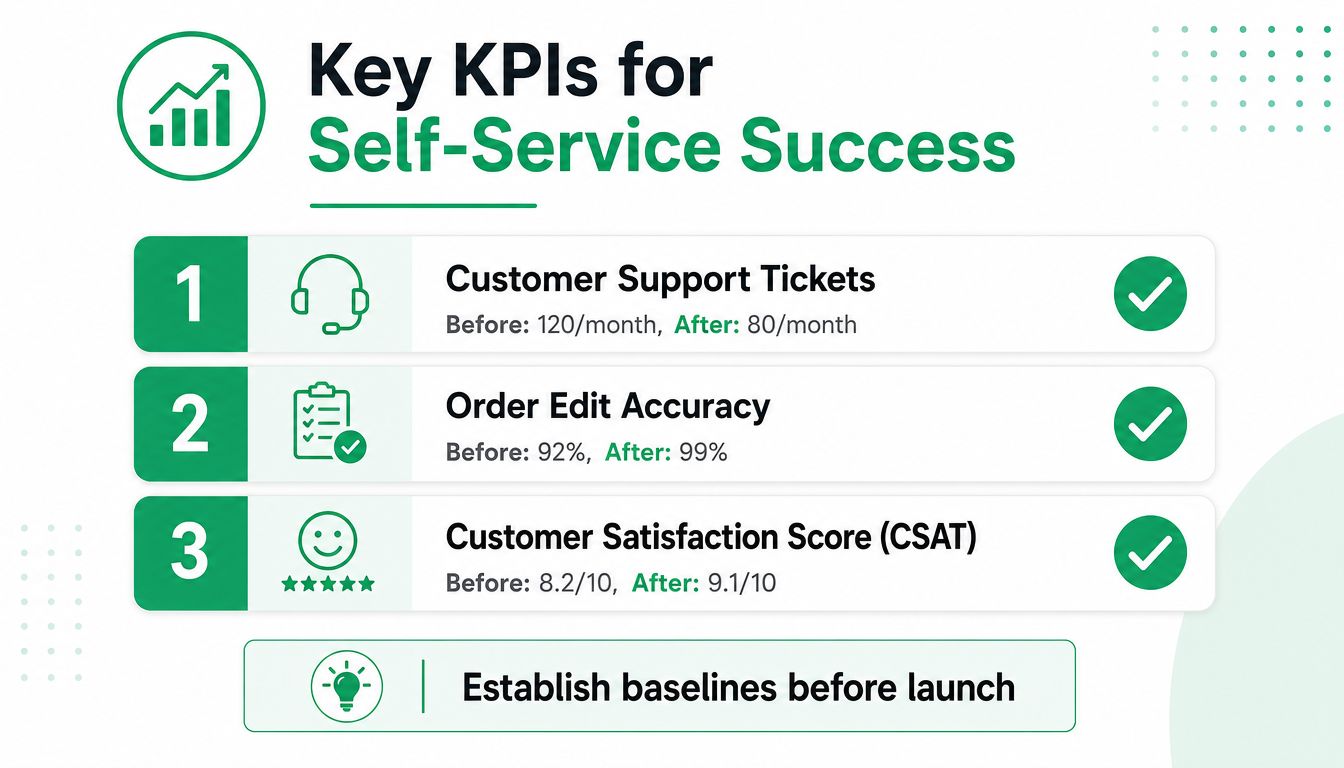 An infographic displaying three key performance indicators for self-service success including support tickets, order accuracy, and customer satisfaction.
