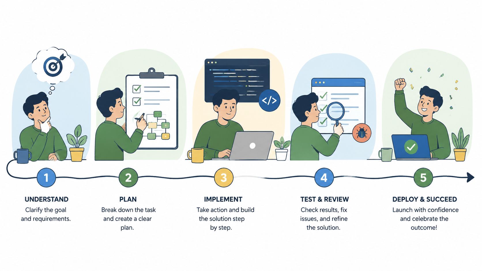 A five-step process diagram showing a person planning, building, testing, and deploying a project successfully.