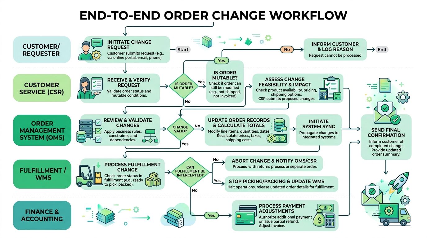 A detailed flowchart showing the end-to-end business workflow for managing and processing customer order change requests.