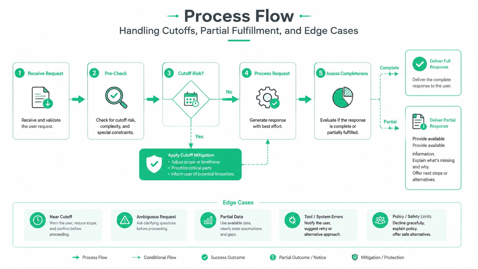 A process flow chart illustrating the steps for handling order cutoffs, partial fulfillment, and various edge cases.