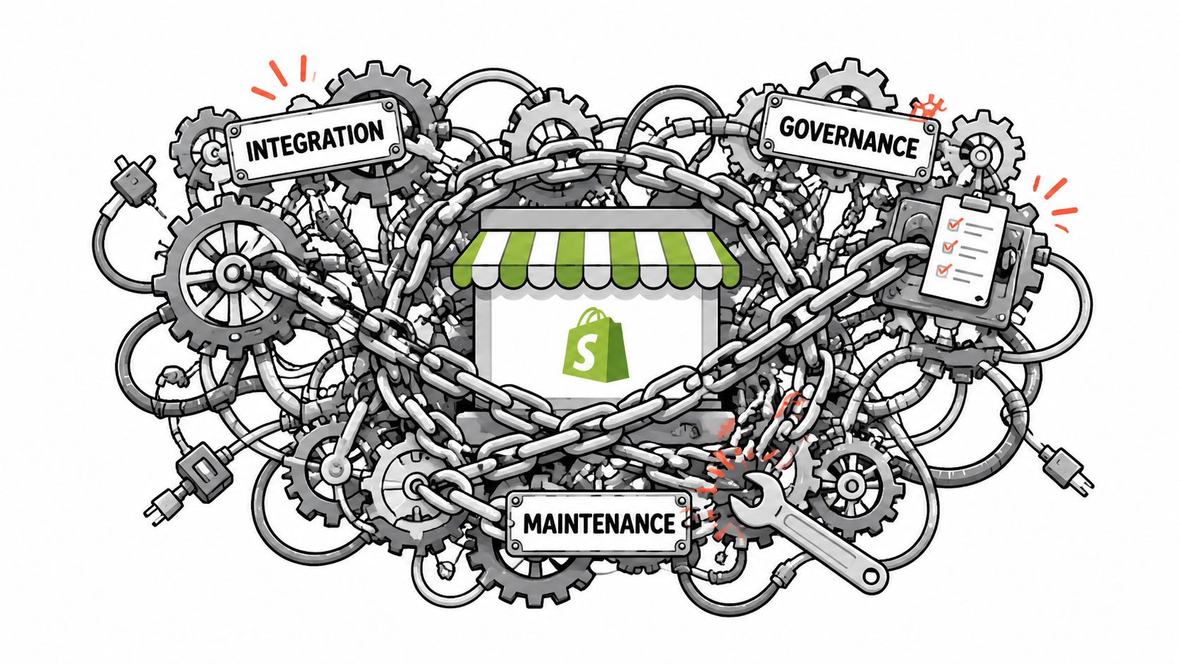 A conceptual illustration of a Shopify store entangled with chains, representing complex system integration, governance, and maintenance.