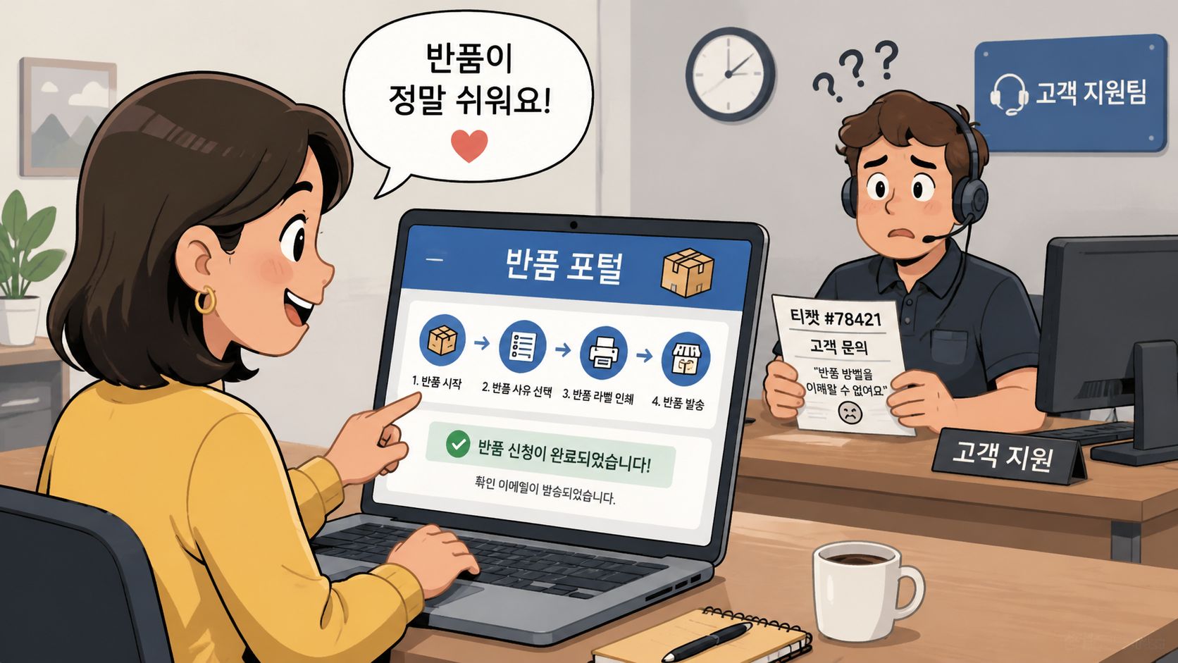 A happy woman uses a digital return portal on her laptop while a confused customer support agent watches.