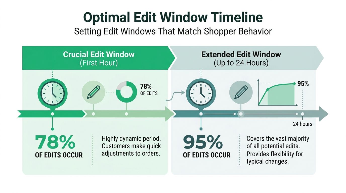 A timeline graphic showing an optimal edit window for orders, highlighting that 78 percent occur within one hour.