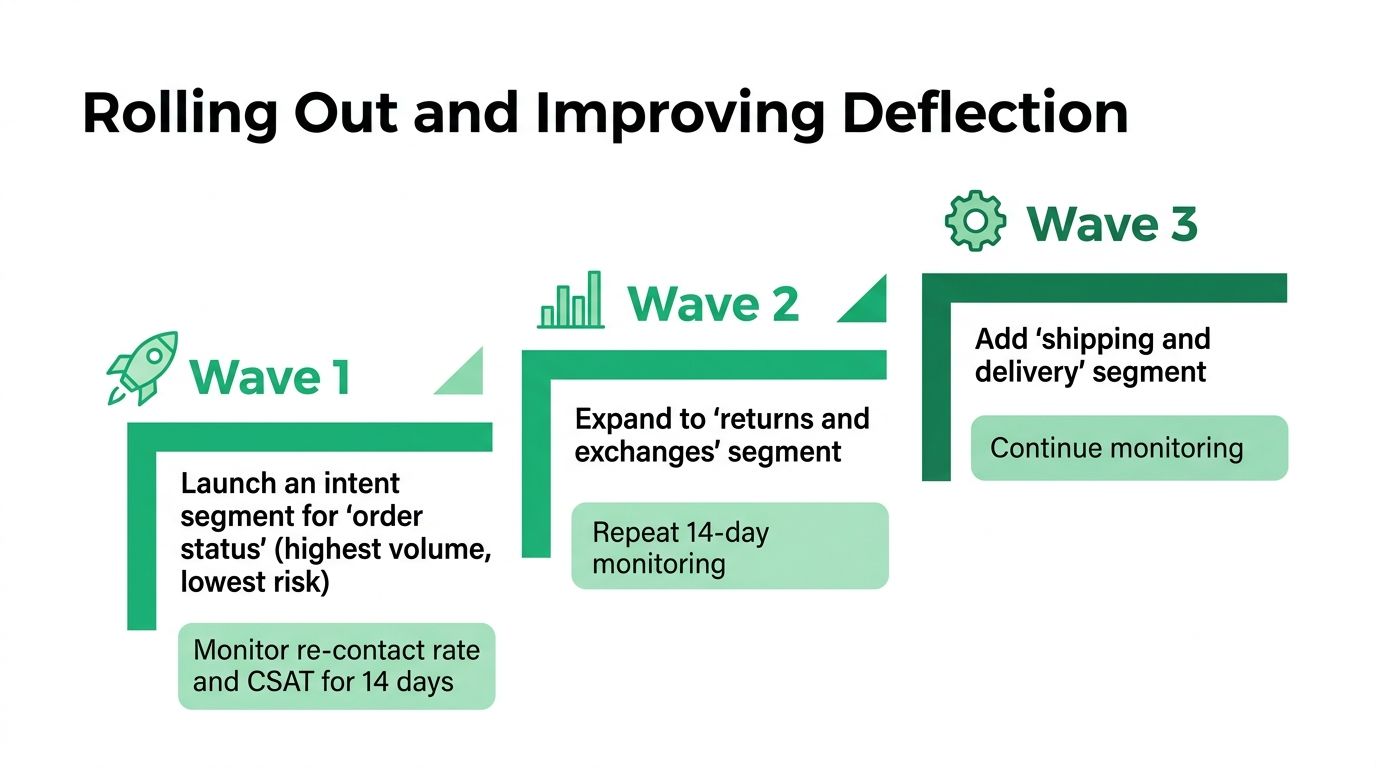 A three-wave roadmap illustrating a strategic plan for rolling out and improving customer service ticket deflection.