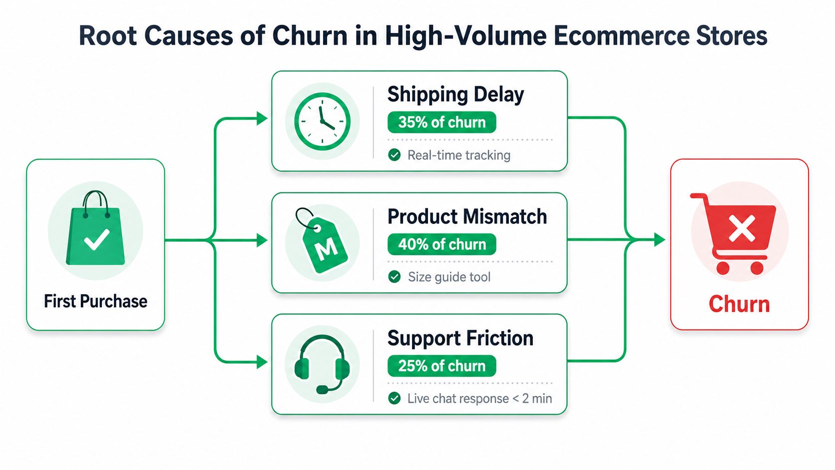 A flowchart showing how shipping delays, product mismatches, and support friction lead to customer churn in ecommerce.