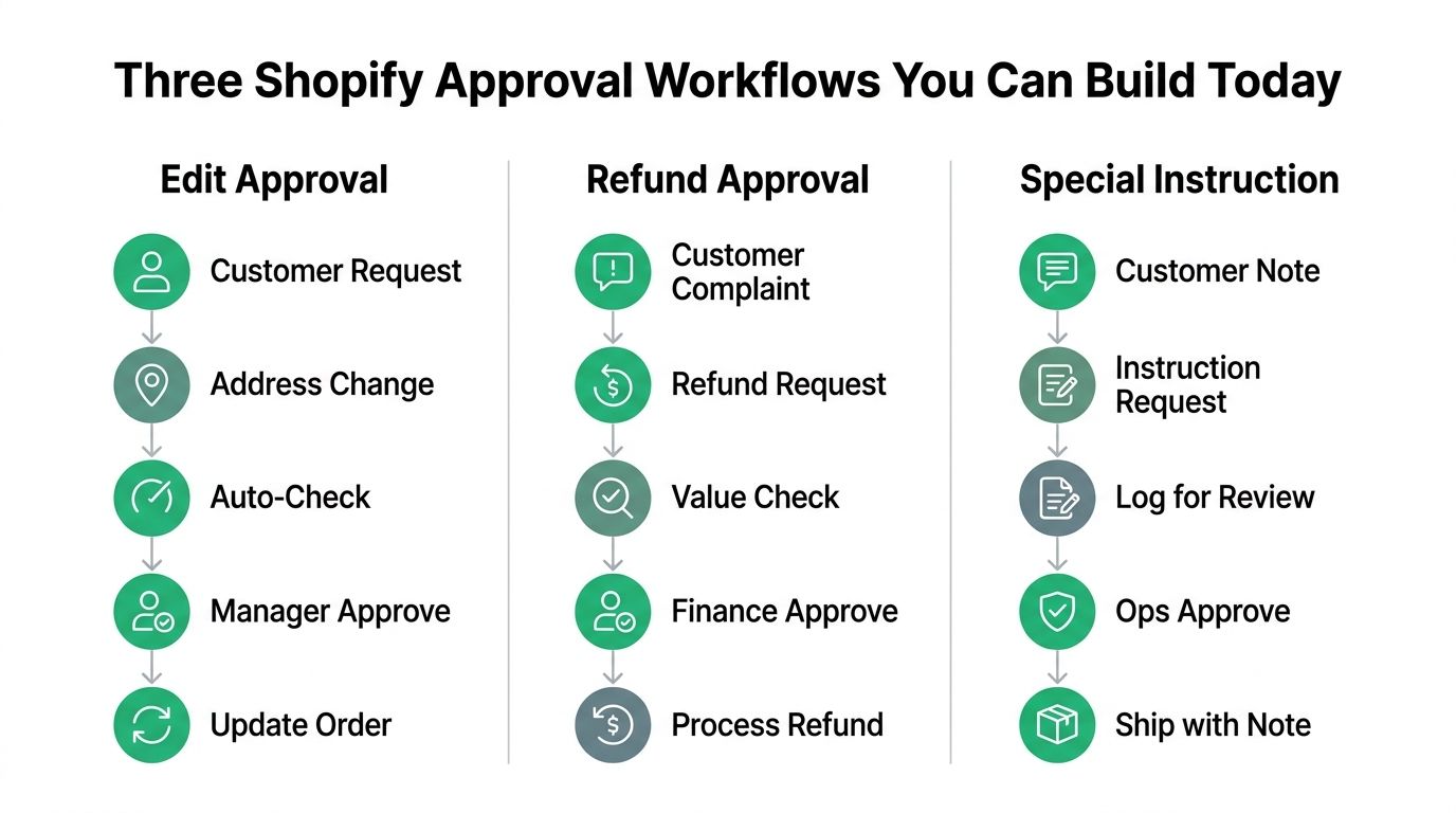 A diagram outlining three Shopify approval workflows for edit requests, refunds, and special customer instructions.