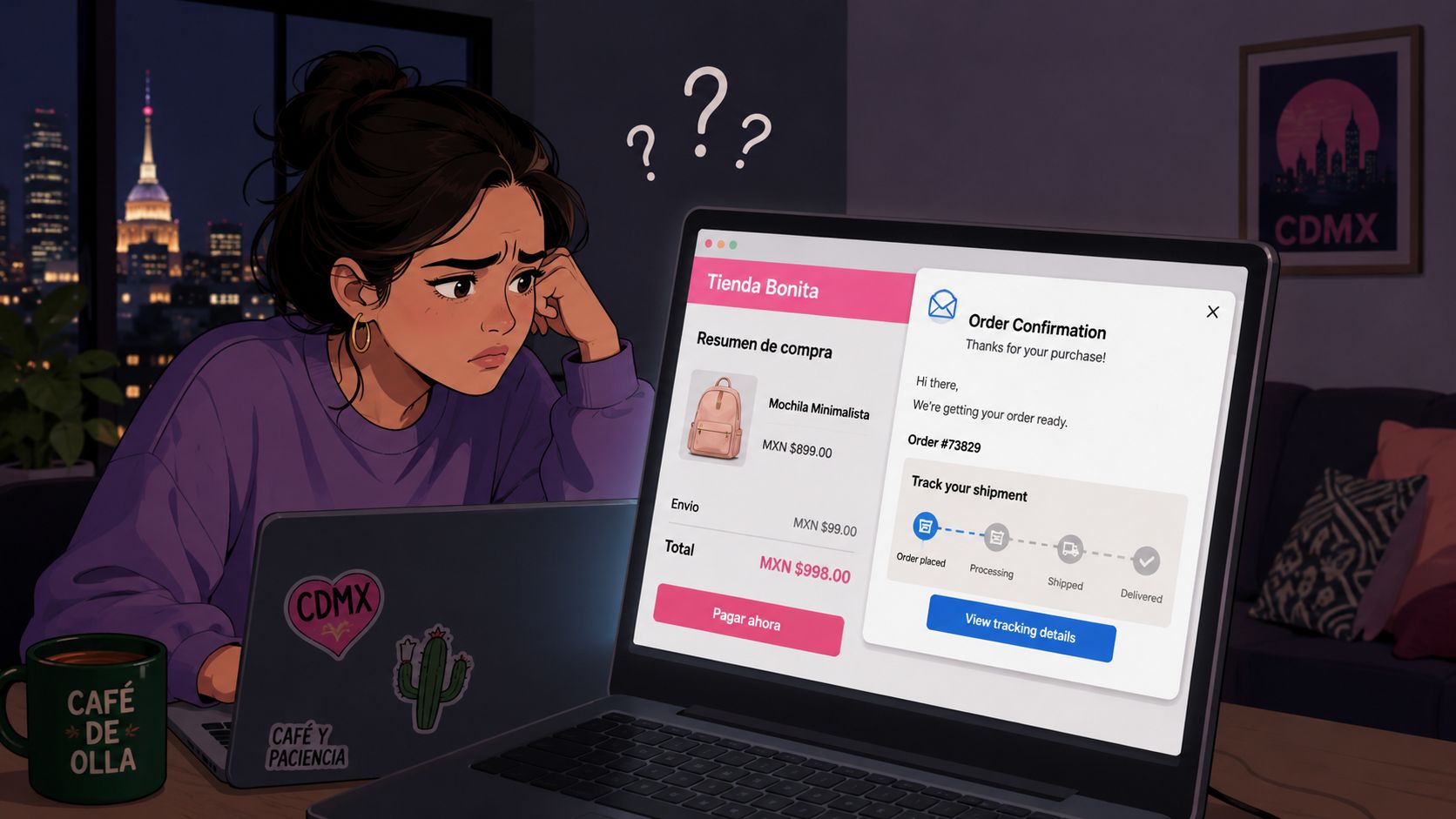 A concerned woman sitting at her laptop viewing an online order confirmation page with shipping tracking status.