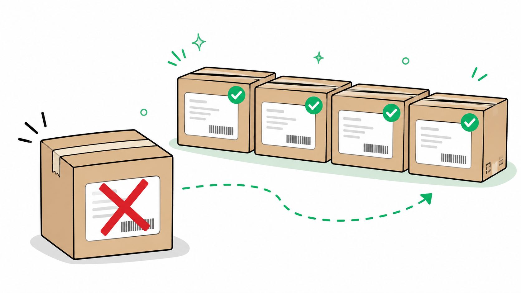A parcel with a red X moving towards a line of correctly addressed and checked shipping boxes.