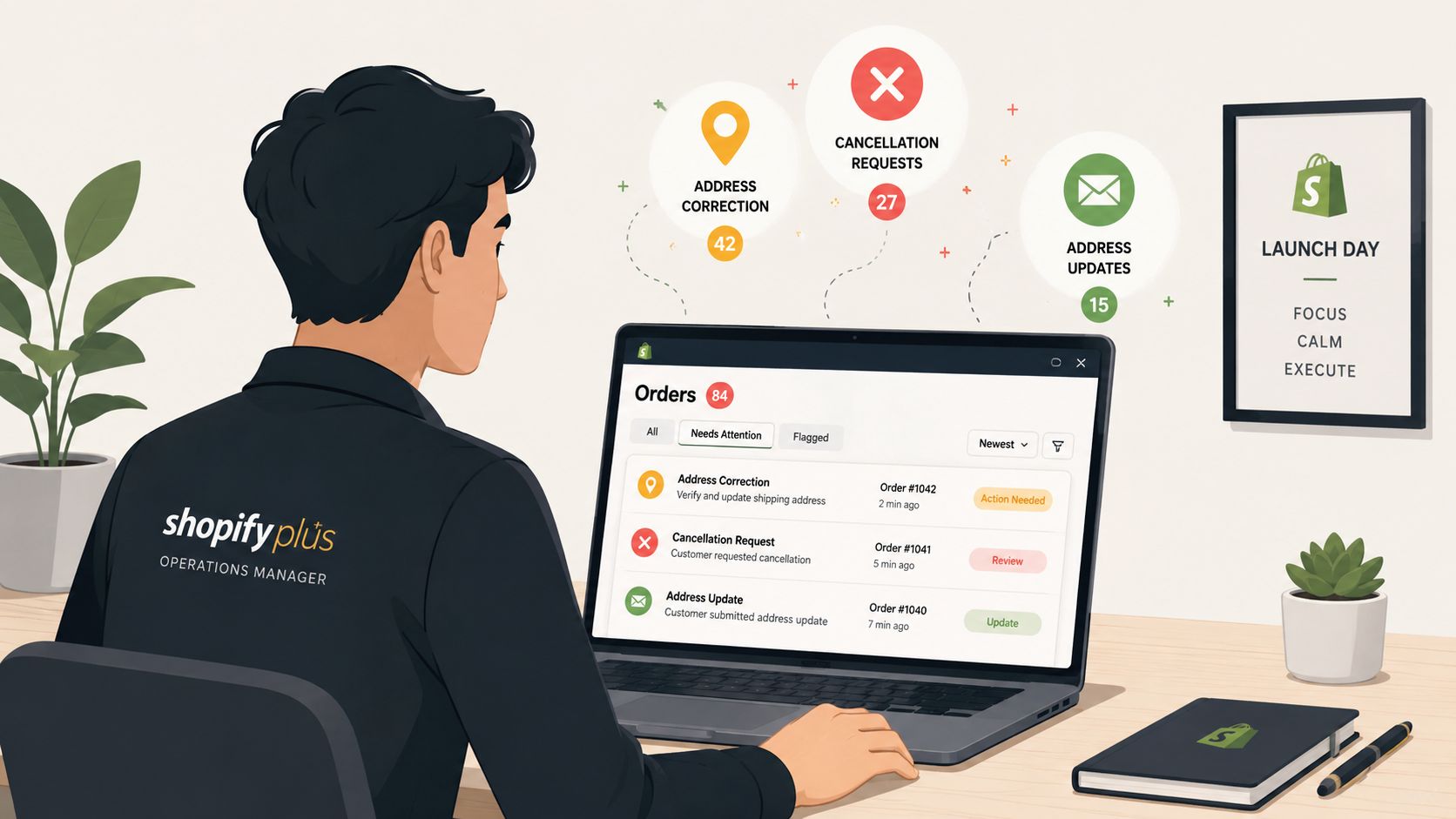 A Shopify Plus operations manager reviewing order status updates and requests on a laptop in an office.
