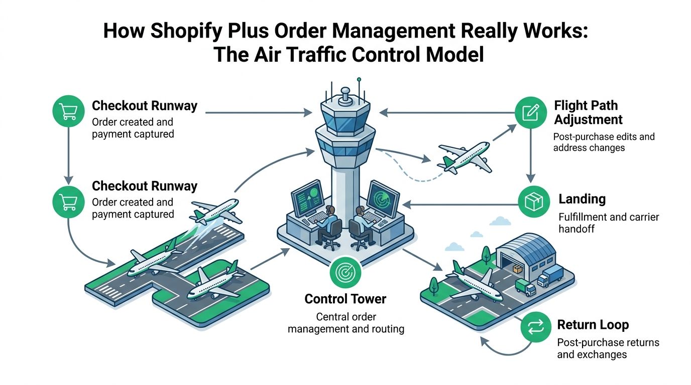 A diagram illustrating Shopify Plus order management using an air traffic control metaphor for business operations.