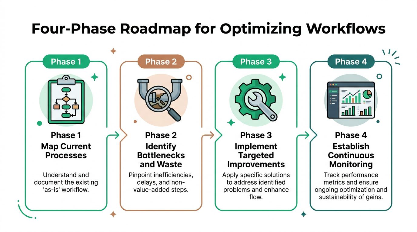 A four-phase roadmap diagram illustrating the steps for optimizing workflows through process mapping, identifying bottlenecks, implementing improvements, and continuous monitoring.