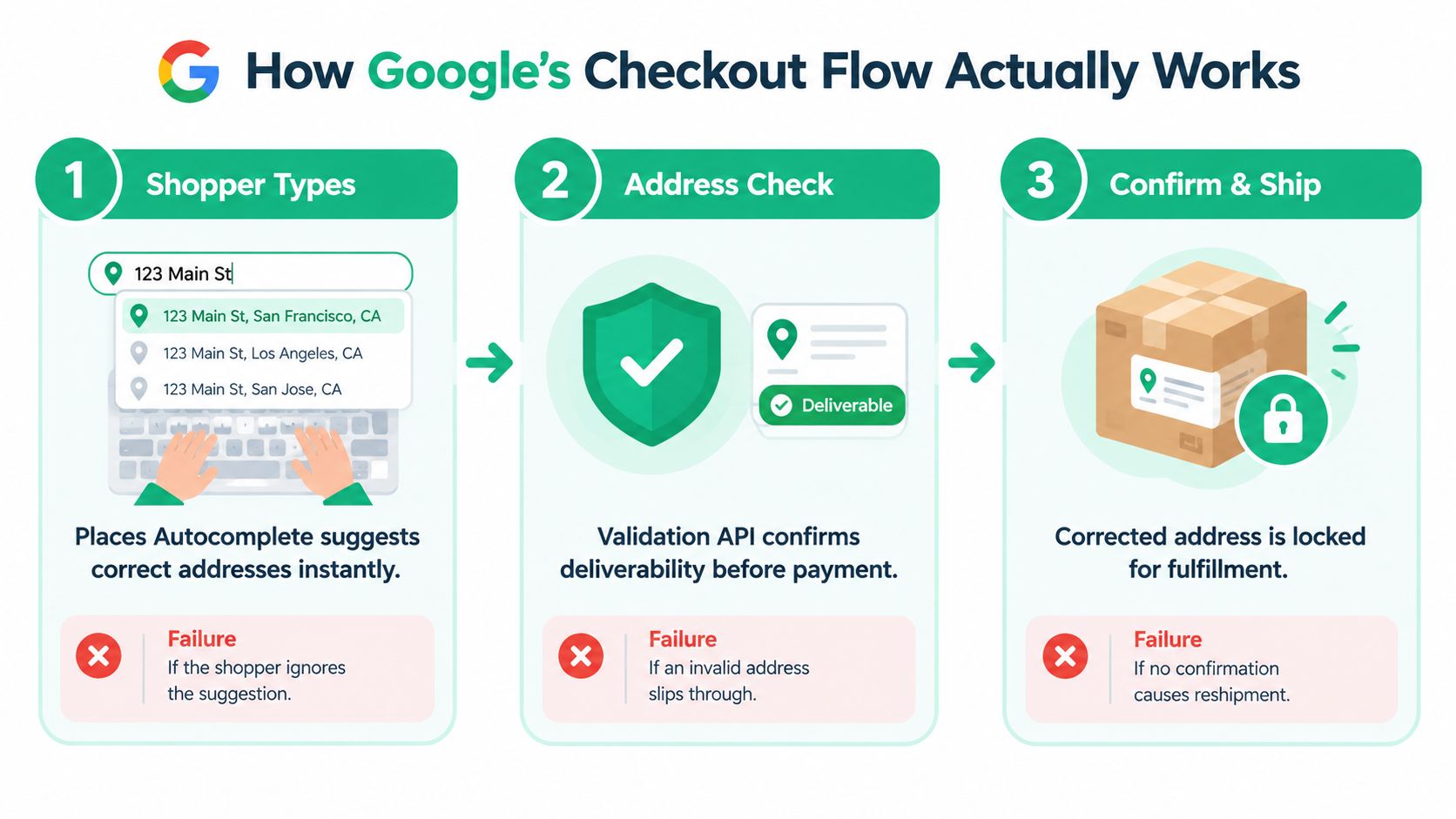 A diagram illustrating the three-step Google checkout process including address autocomplete, validation, and shipment confirmation.