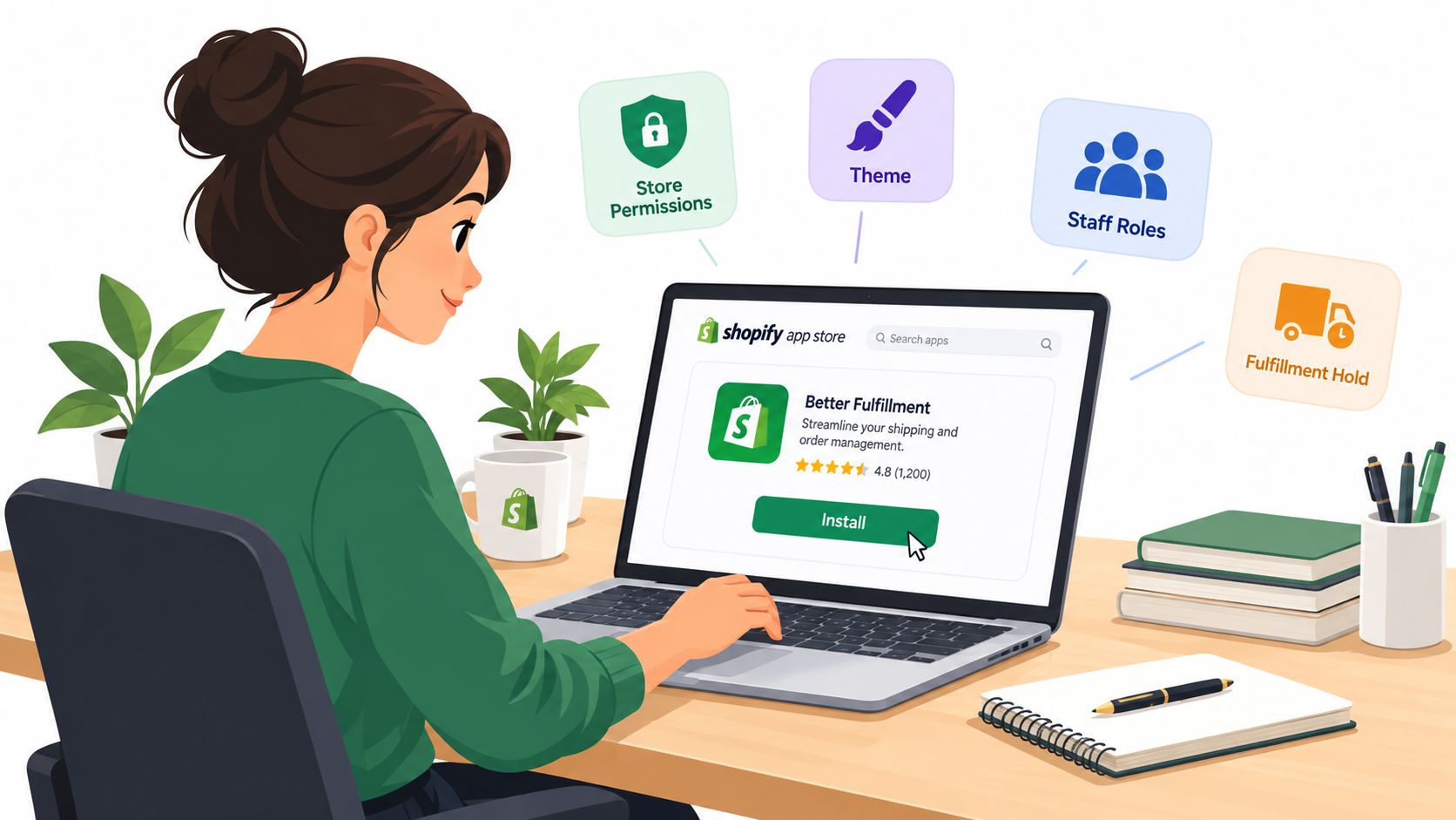 A woman working on a laptop, browsing the Shopify App Store to install an application for business.