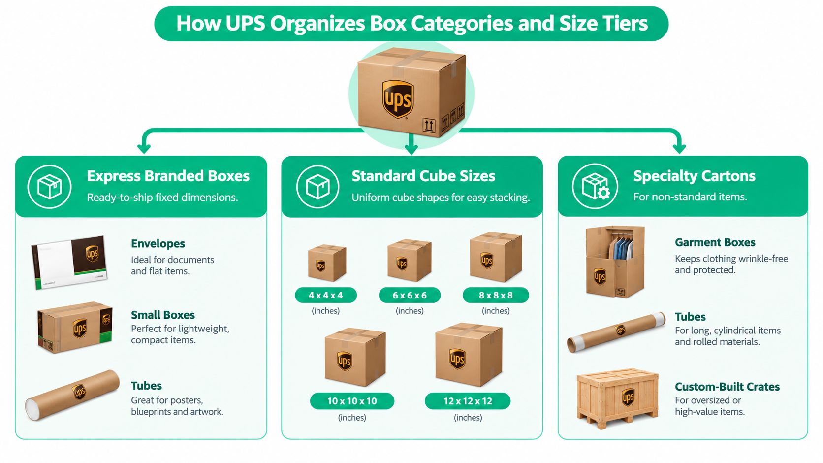 A visual guide showing various UPS shipping box categories, including express boxes, standard cube sizes, and specialty cartons.