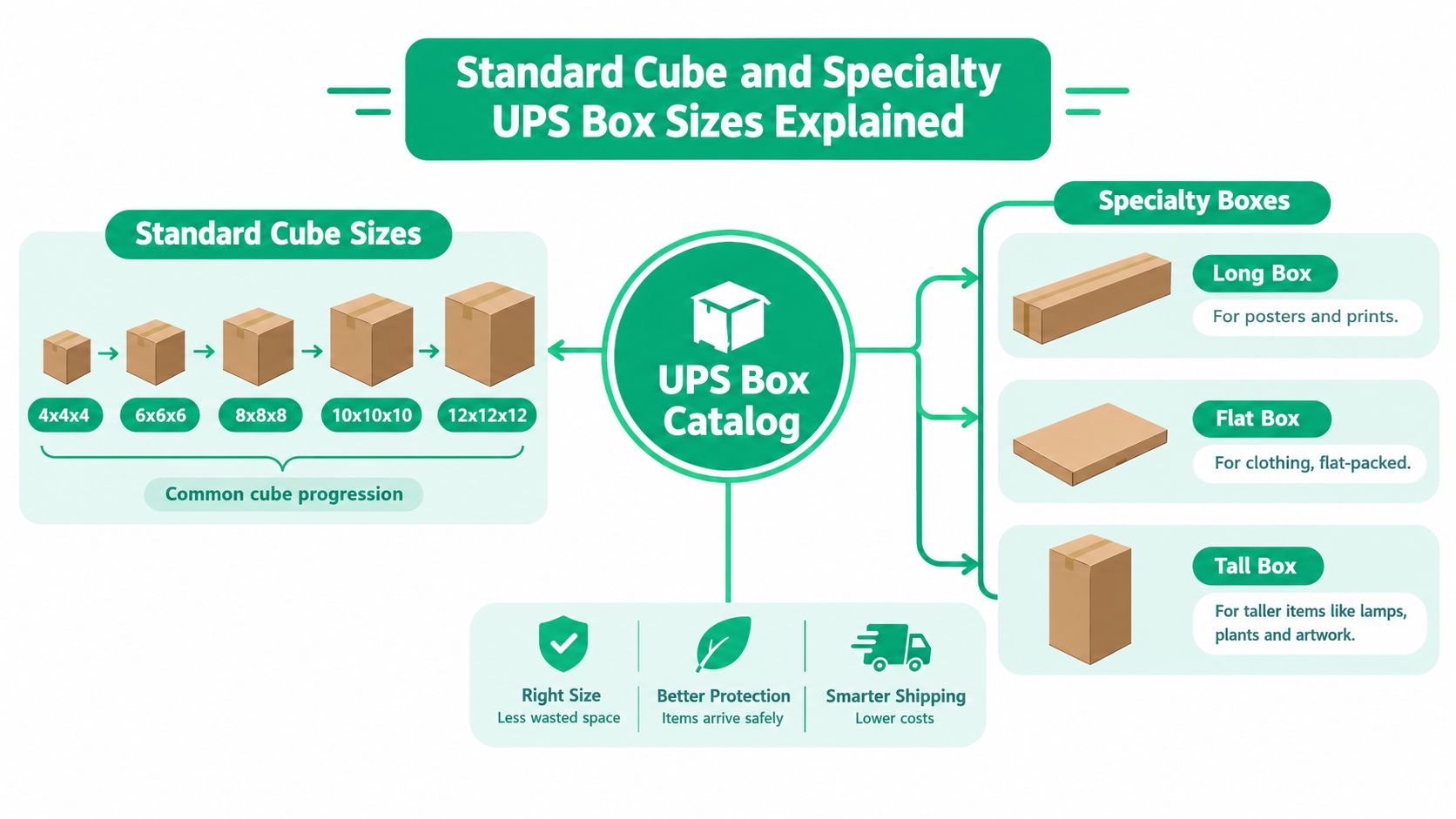 An infographic detailing standard cube and specialty UPS box sizes, including usage examples and shipping benefits.