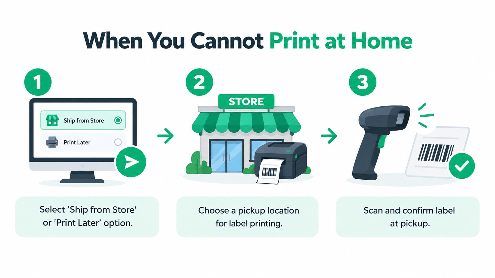 An infographic showing three simple steps to obtain a shipping label when you cannot print at home.