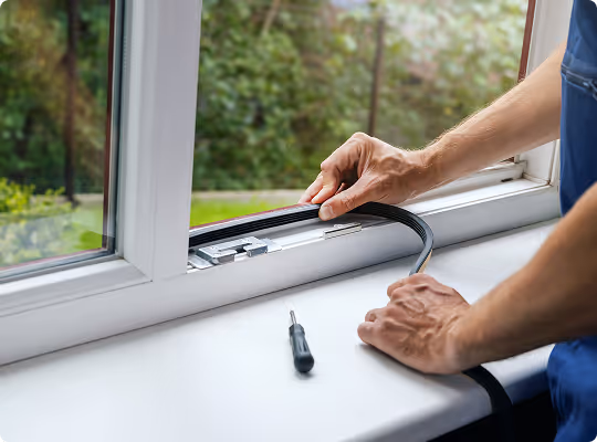 Person installiert eine schwarze Dichtung an einem weißen Kunststofffenster.