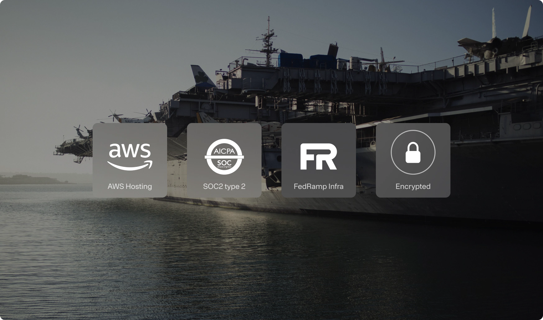 Four semi-transparent gray cards over a naval ship in harbor, labeled “AWS Hosting,” “SOC2 type 2,” “FedRamp Infra,” and “Encrypted,” each with its corresponding service icon.