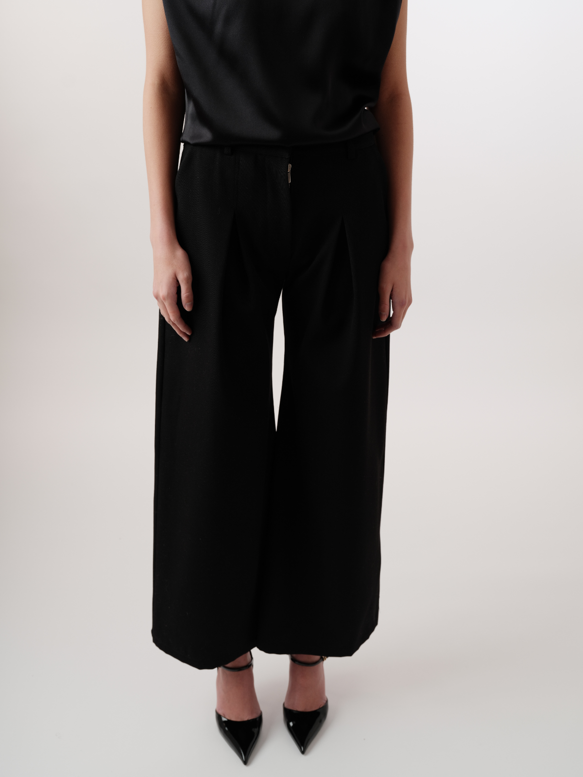 Tailored silk top and structured wide‑leg trousers for women