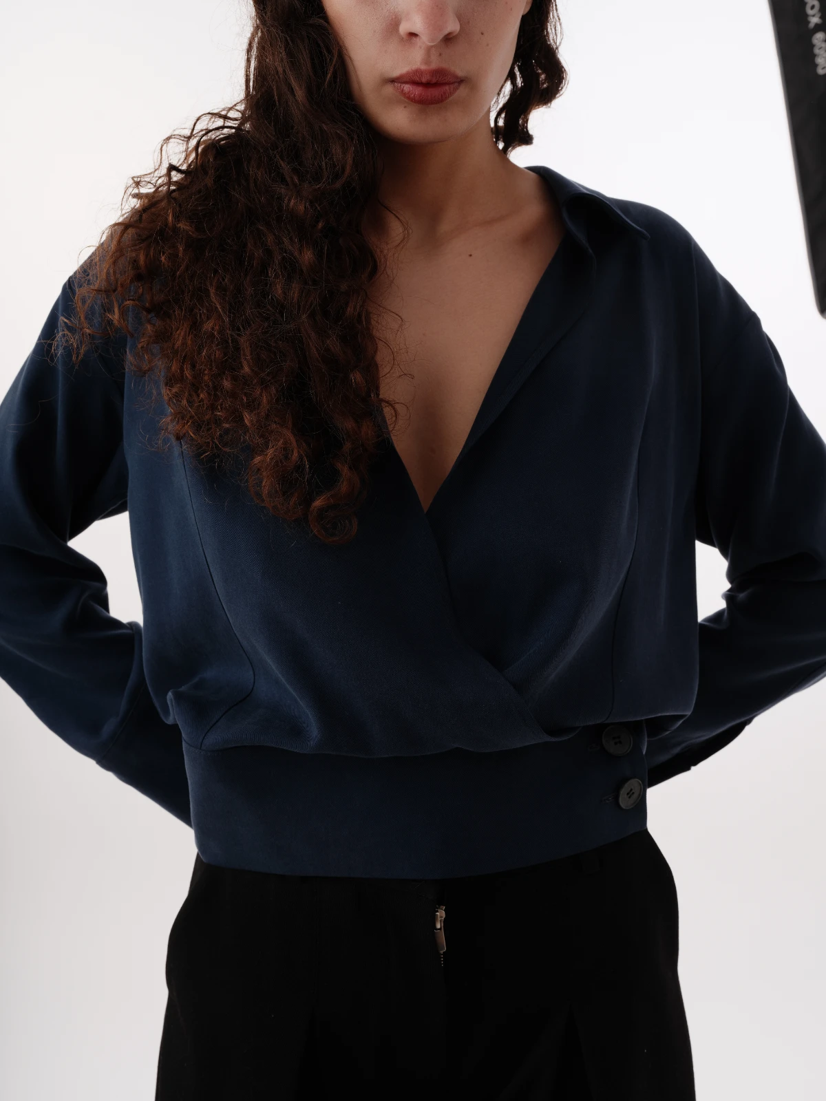 Tailored silk top and structured wide‑leg trousers for women