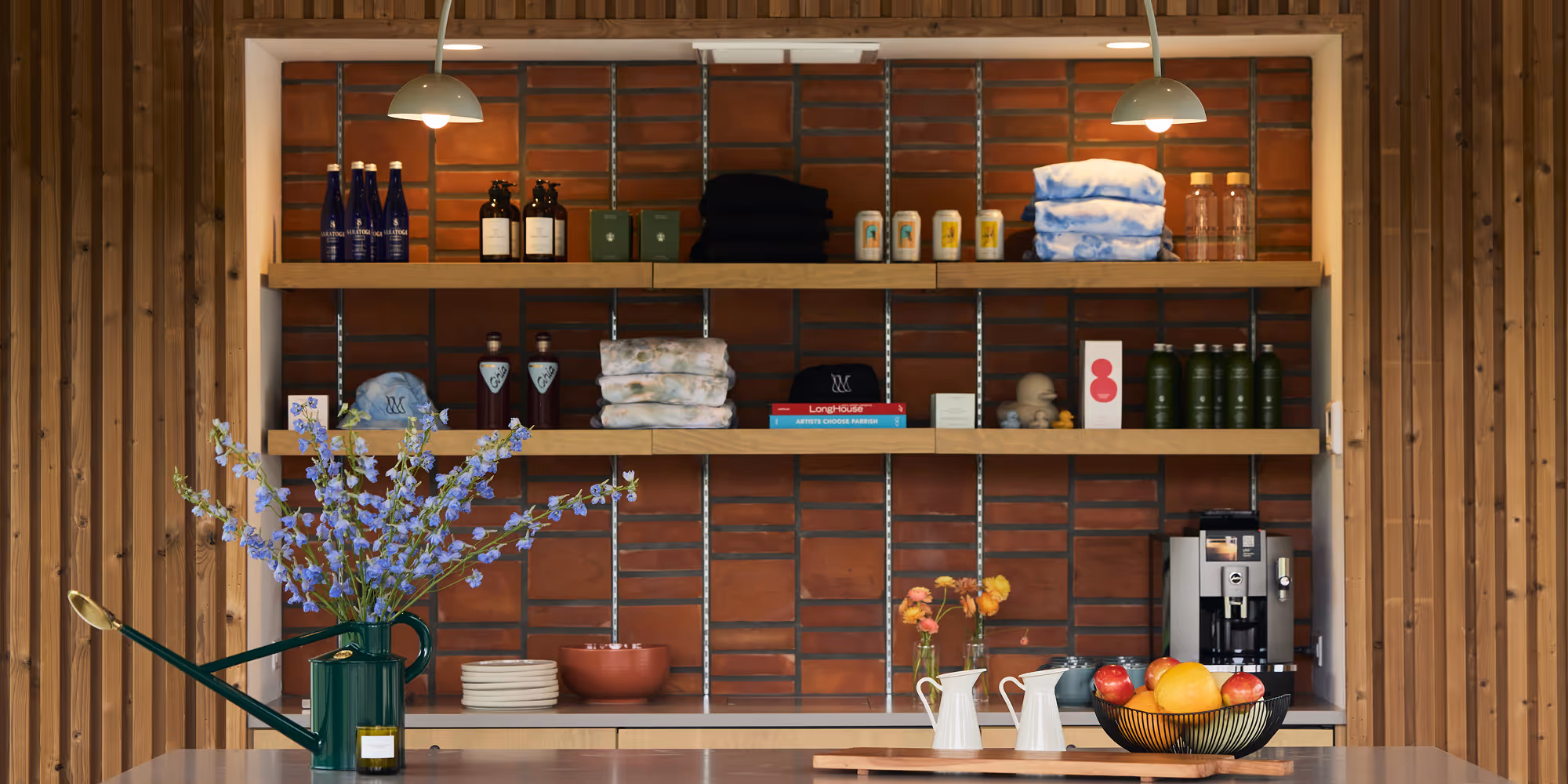 Table and shelves full of various products