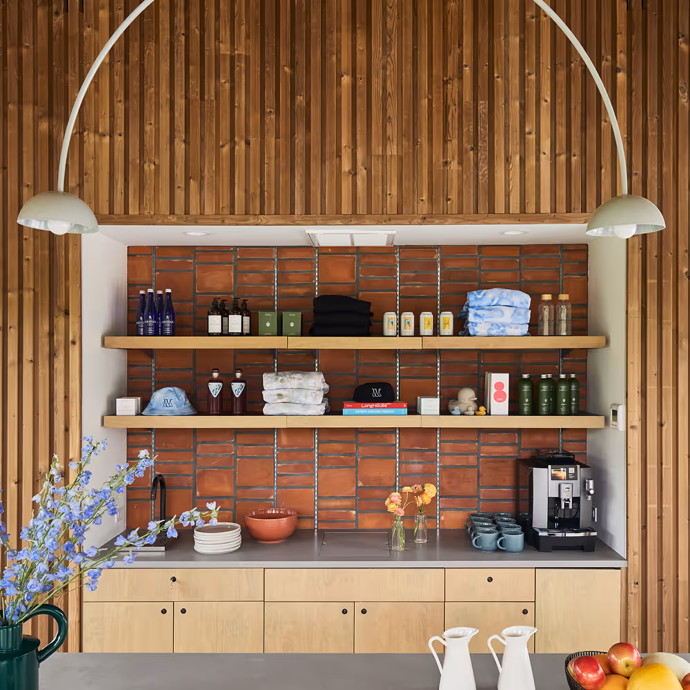 Table and shelves full of various products