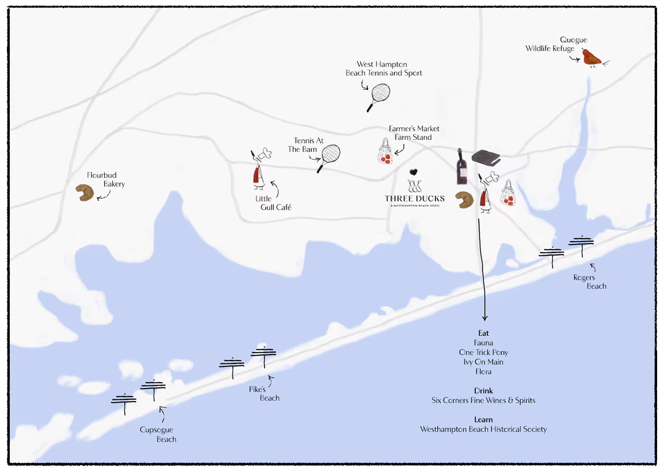 Map showing Three Ducks in relation to other landmarks