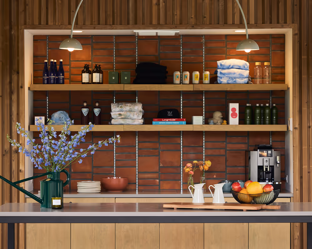 Table and shelves full of various products