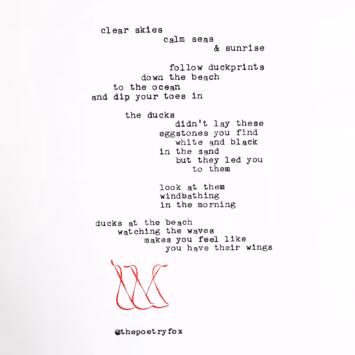 Poem in typewriter font with Three Ducks logo in red