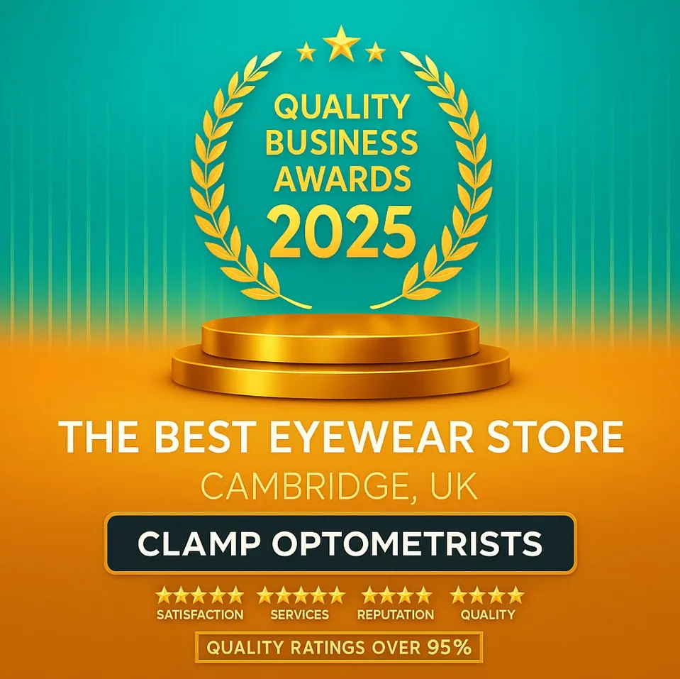 Quality Business Awards 2025 trophy for Best Eyewear Store in Cambridge