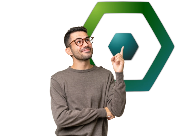 Bild für IT-Security Check mit Person und grafischem Hexagon-Element