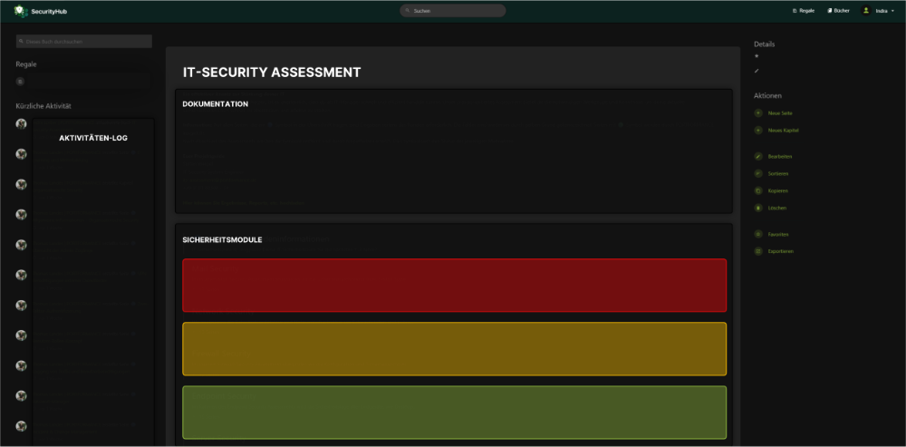 Benutzeroberfläche des SecurityHub für das IT-Security Assessment mit Dashboard-Ansicht und Sicherheitsstatus.