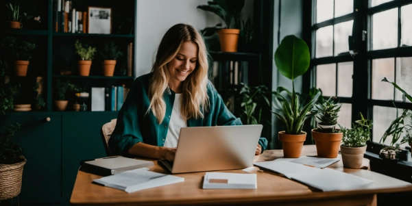 Junge Frau arbeitet mit einem Laptop an einem Holztisch umgeben von Pflanzen in einem hellen Raum.