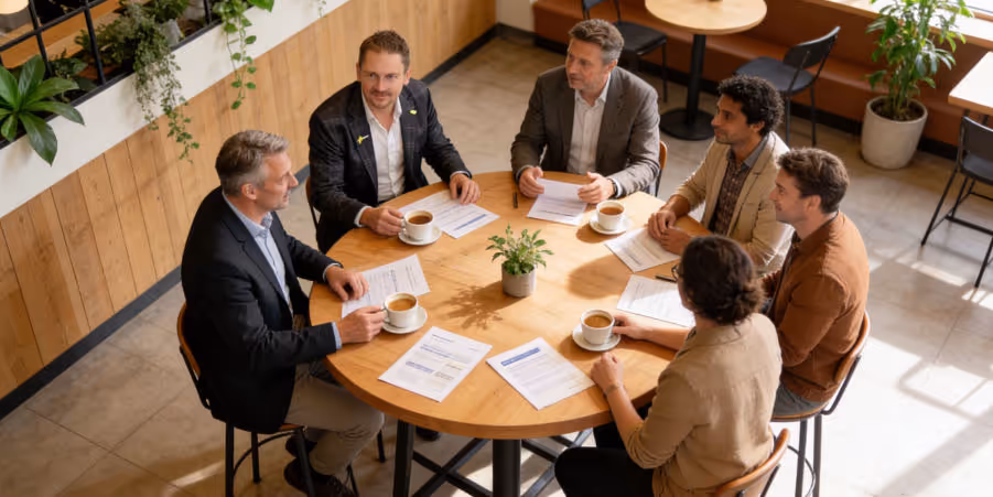 Sechs Geschäftsleute sitzen an einem runden Holztisch, trinken Kaffee und diskutieren Dokumente.