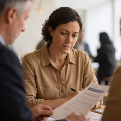 Frau liest konzentriert ein Dokument während eines Gesprächs mit zwei Personen in einem Büro.