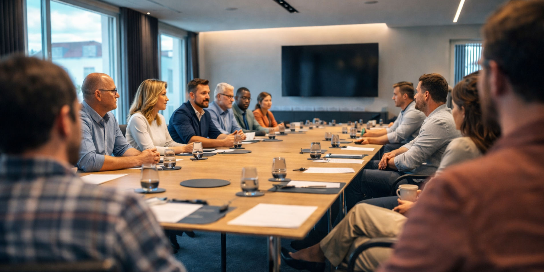 Sechs Geschäftsleute sitzen an einem runden Holztisch, trinken Kaffee und diskutieren Dokumente.