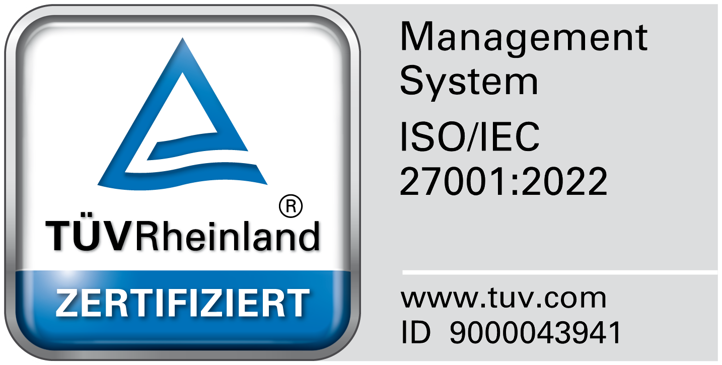 TÜV Rheinland Zertifizierungszeichen für Managementsystem ISO/IEC 27001:2022 mit Website www.tuv.com und ID 9000043941.
