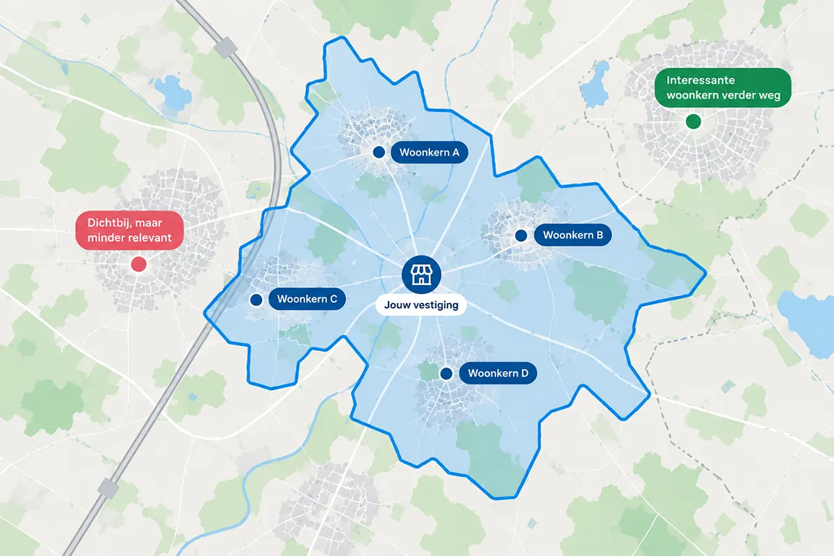 Kaart met een onregelmatige verdelingszone rond een vestiging en interessante woonkernen binnen en buiten die zone.