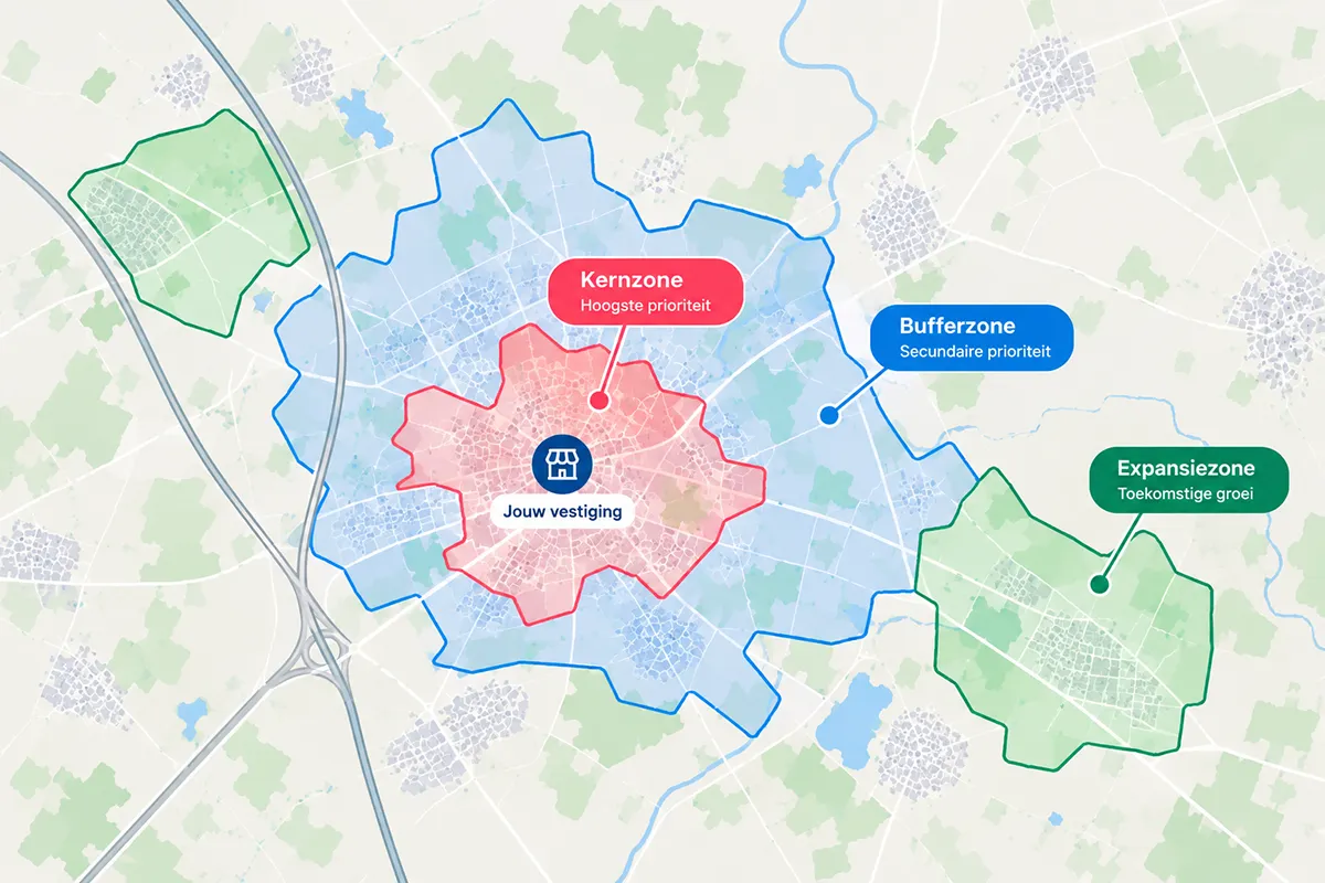 Kaart met een kernzone, bufferzone en expansiezones met verschillende prioriteiten voor huis-aan-huisbedeling.