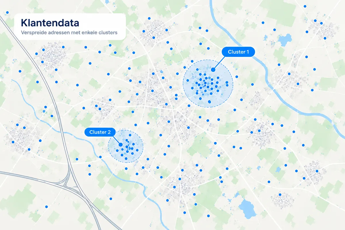 Kaart met verspreide klantadressen en twee duidelijke clusters die interessante gebieden voor huis-aan-huisbedeling tonen.