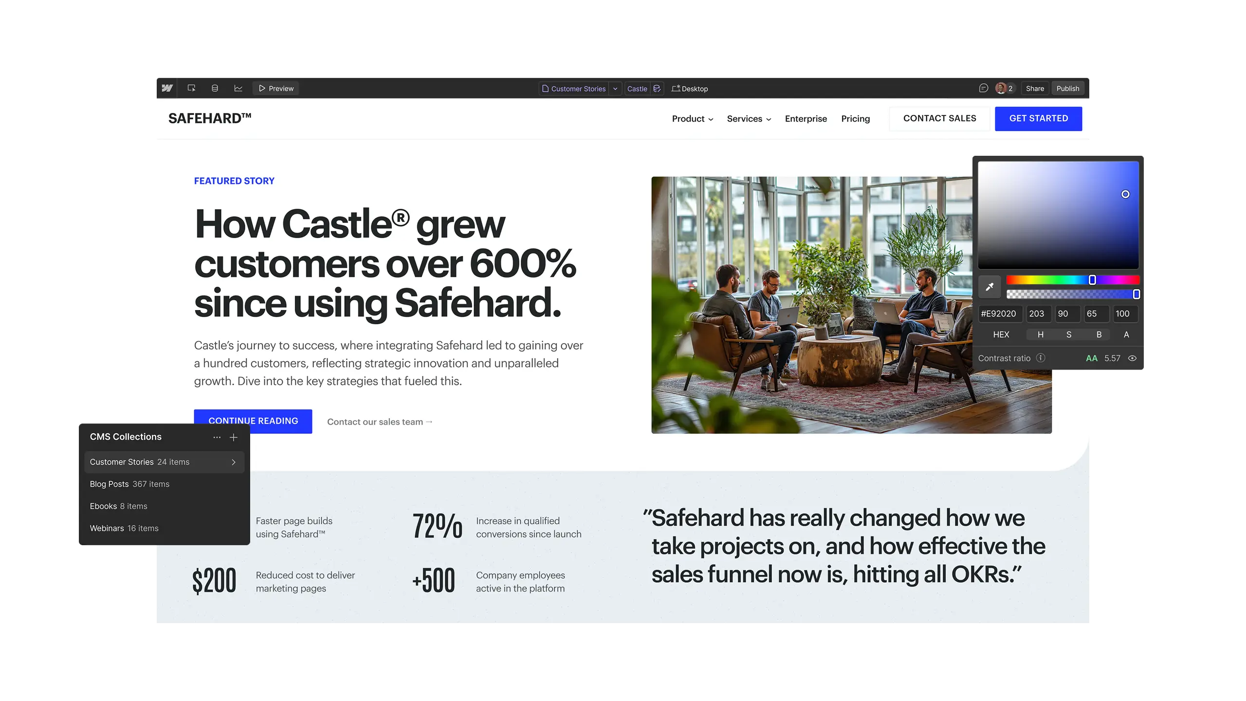 Screenshot of a website nested in the Webflow canvas with two floating panels.